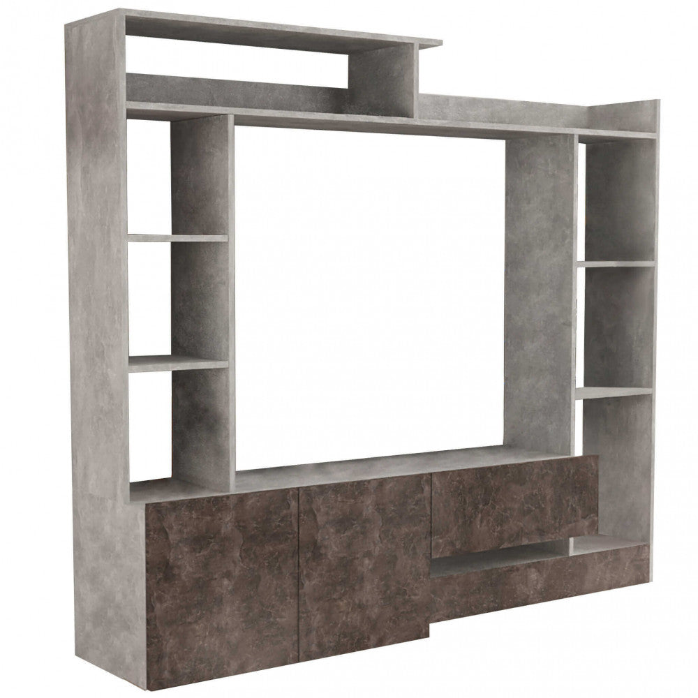 PARETE SOGGIORNO ENTRY GRIGIO EFFETTO CEMENTO E GRIGIO SCURO EFFETTO CEMENTO. Parete in legno GIRGIO EFFETTO CEMENTO e GRIGIO SCURO EFFETTO CEMENTO Dimensioni: cm 180 x 28/40 x 165