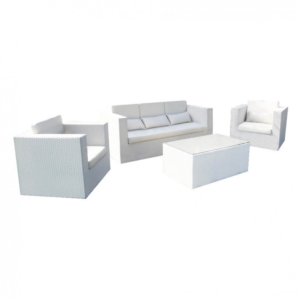 ACAPULCO LOUNGE SETTEE 3 PCS/CUSHIONS. Aluminum frame, WHITE or BROWN wicker with UV protection, 5 mm thick glass, ecru cushions, 10 cm thick backrest, 14 cm seat. Dimensions: D.186x80x70/D.85x80x70/T.100x60x44. Garden Furniture