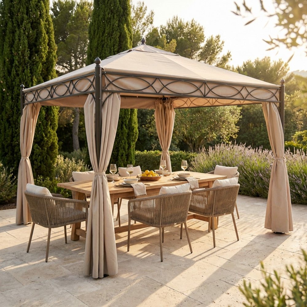 GAZEBO SIWA 3 X 3. Canvas and sides in BEIGE polyester 200-160 gr + mosquito net, structure in BLACK painted steel, legs tube 0 mm 70 x 1.2 - cover mm 15x15/18x18 Dimensions: m 3 x 3 x 2.60 h. Garden furniture