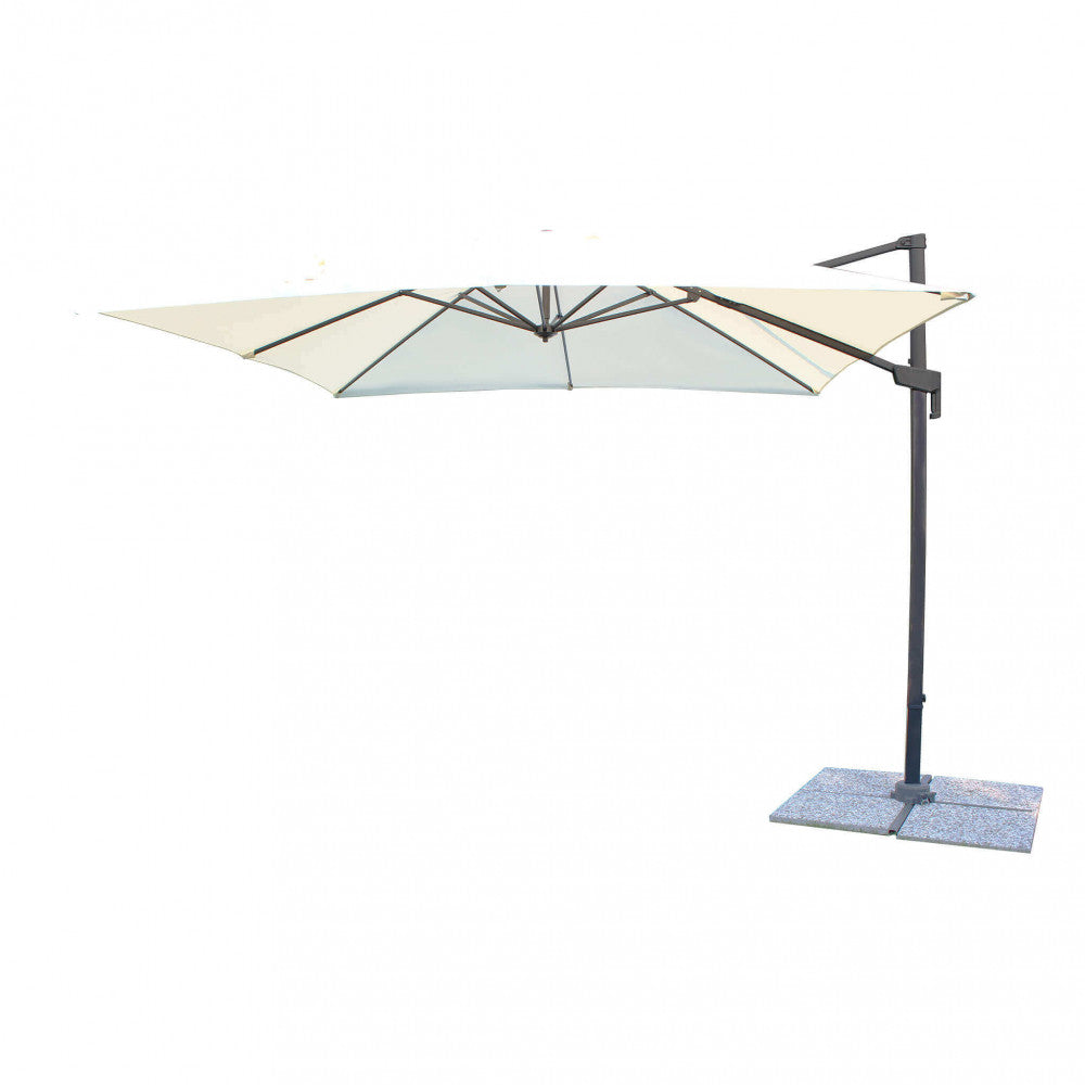 OMBRELLONE NEWTON NERO P/L 3 X 3 TELO ECRU. Telo in poliestere ECRU 180 gr con antivento palo girevole in alluminio 45x64 e in metallo 20x40 mm 8 stecche metallo 13 x 22 mm, base a crociera Dimensioni: m 3 x 3. Arredo Giardino