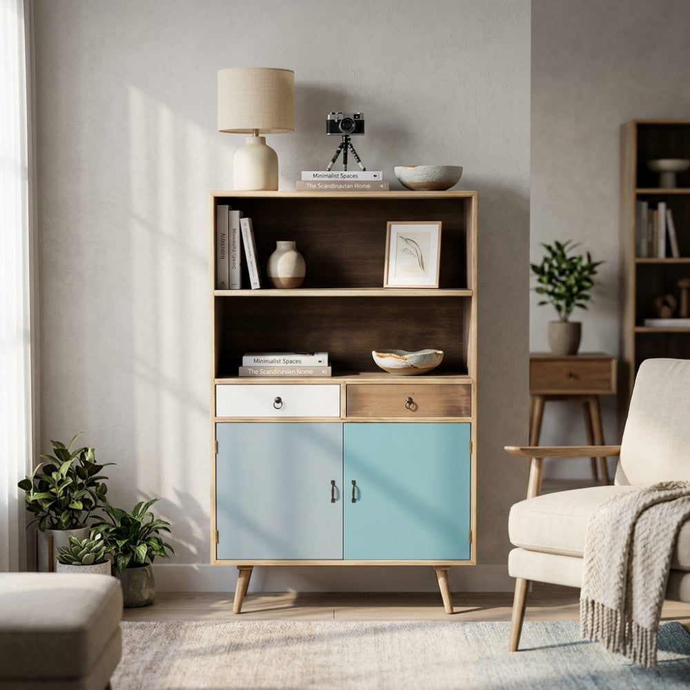 MOBILETTO BARRIE. Struttura in MDF, gambe in legno di pino, top colore NATURALE 2 ripiani, 2 ante e 2 cassetti colorati Dimensioni: cm 80 x 35 x 140 h.