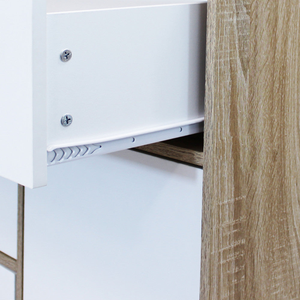 MOBILE EMORY BIANCO E NATURALE. Mobile in melammina con 1 ante, 3 cassetti e 1 ripiano naturali, struttura bianca o grigio scura Dimensioni: 119 x 39,5 x 85,6 h.