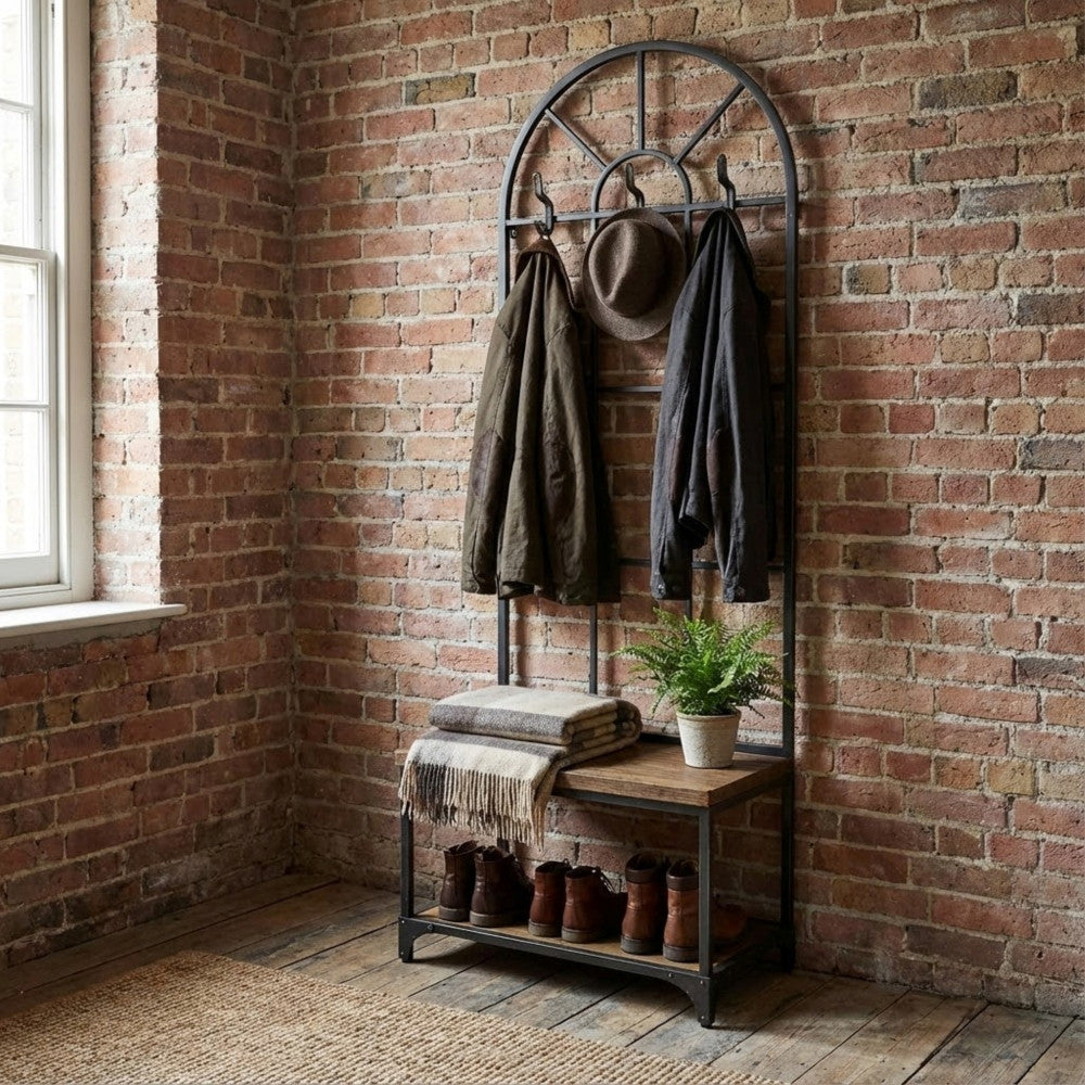 BOOKER COAT STAND WITH BENCH. Dimensions: 63.5 x 41 x 191 cm h.