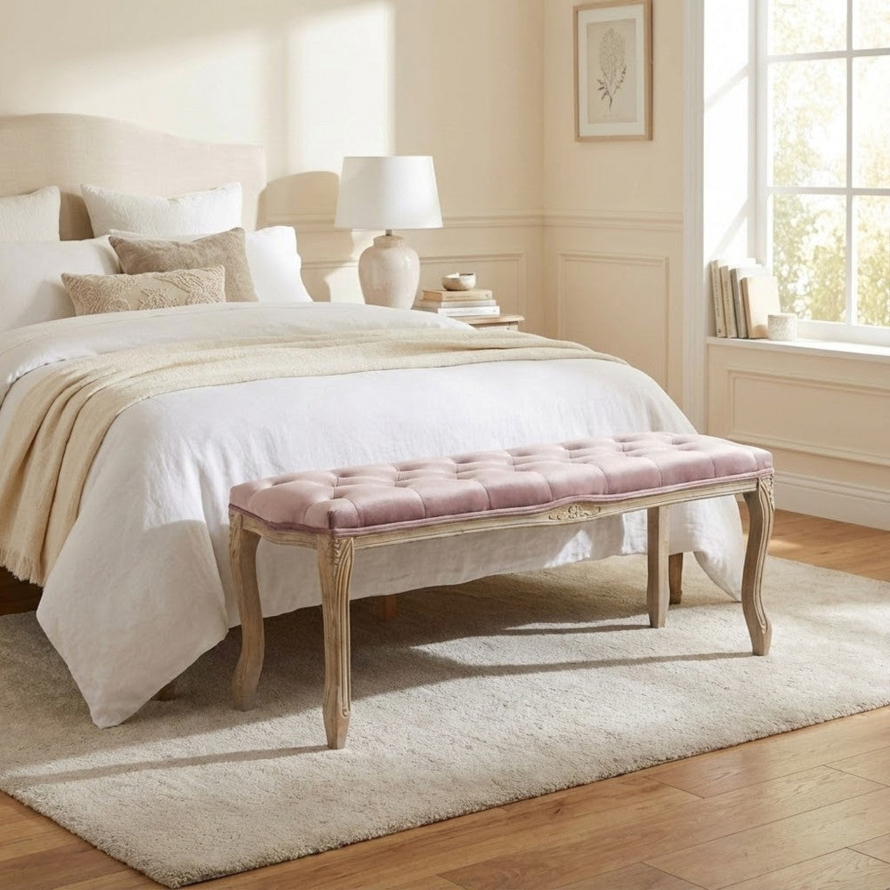 MISTY BENCH IN PINK VELVET. Dimensions: 110 x 36 x 47 cm h.