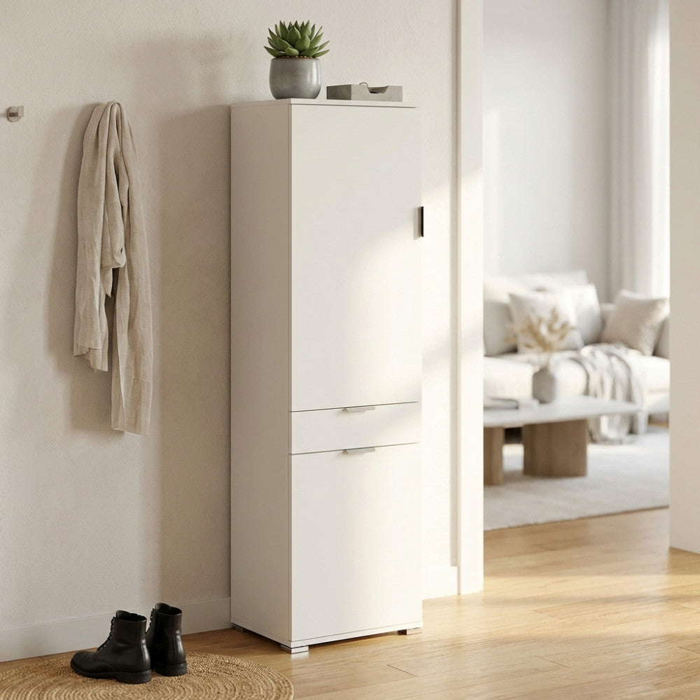 ARMADIO LIRIO CON 2 ANTE E 1 CASSETTO BIANCO. Dimensioni: cm 45 x 38 x 174 h.