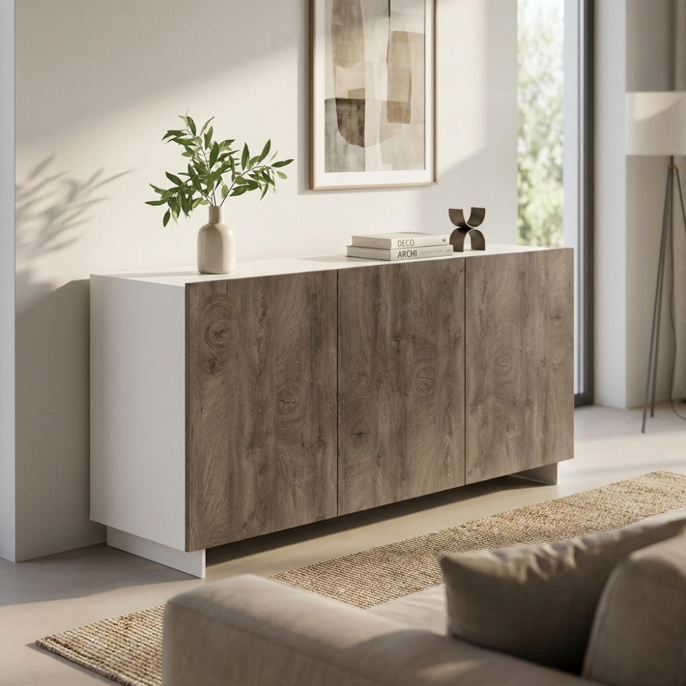 CREDENZA CARLILE BIANCO E ROVERE CHIARO. Credenza in legno BIANCO e ROVERE CHIARO Dimensioni: cm 150 x 40 x 76 h.