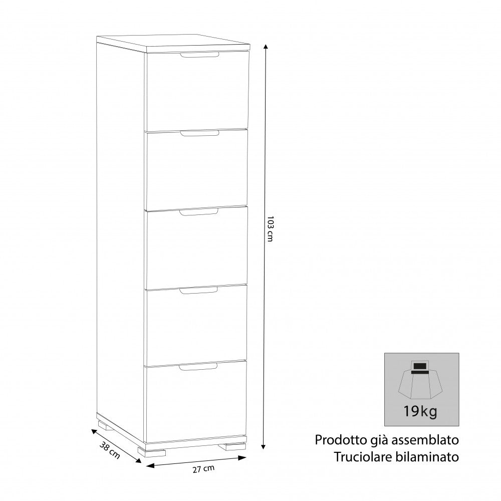 CASSETTIERA TAZZ 5 CASSETTI ROVERE GRIGIO. Dimensioni: cm 27 x 38 x 103 h.
