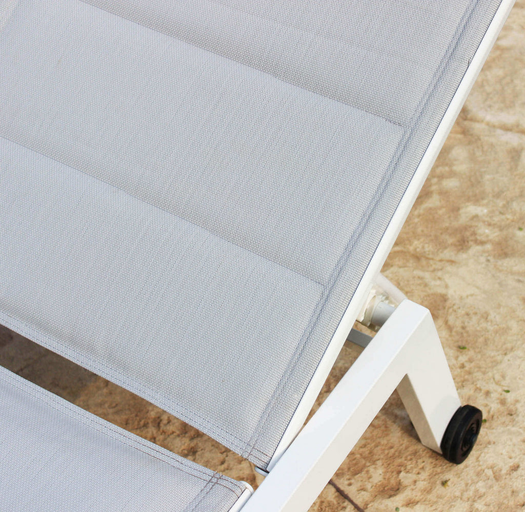 FORMENTERA LOUNGER. Aluminum frame painted WHITE, DOVE GREY, TAUPE, or ANTHRACITE. Padded Textilene in TAUPE, BLACK on anthracite. Dimensions: 198 x 61 x 34/95 cm. Garden Furniture