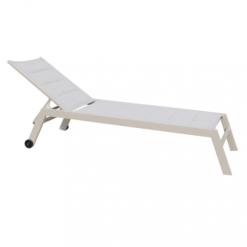 FORMENTERA LOUNGER. Aluminum frame painted WHITE, DOVE GREY, TAUPE, or ANTHRACITE. Padded Textilene in TAUPE, BLACK on anthracite. Dimensions: 198 x 61 x 34/95 cm. Garden Furniture