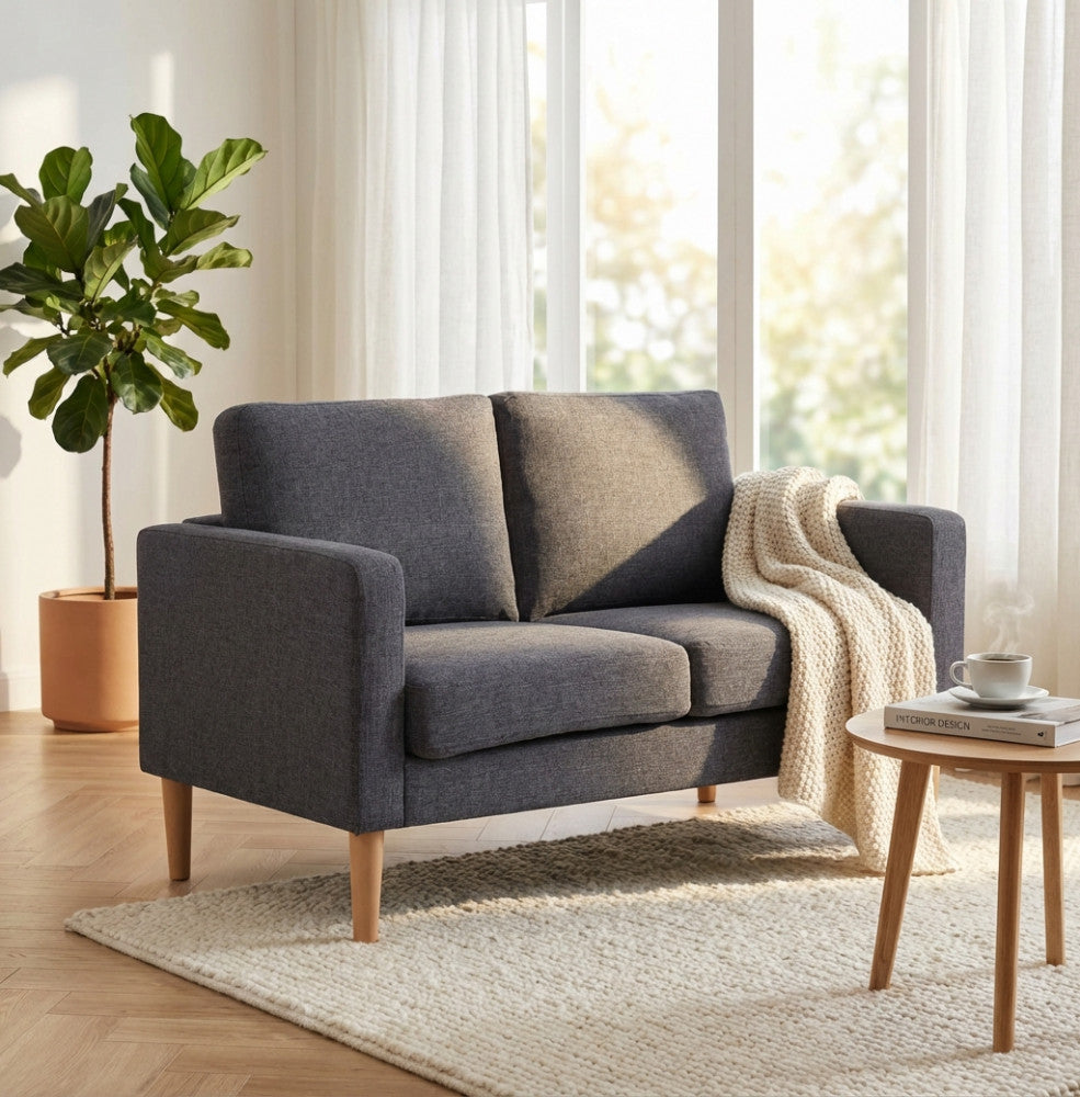 RAMSEY 2-SEATER SOFA. LIGHT GREY or DARK GREY or BLUE or BEIGE sofa with polypropylene legs. Dimensions: 137 x 73 x 82 h cm.
