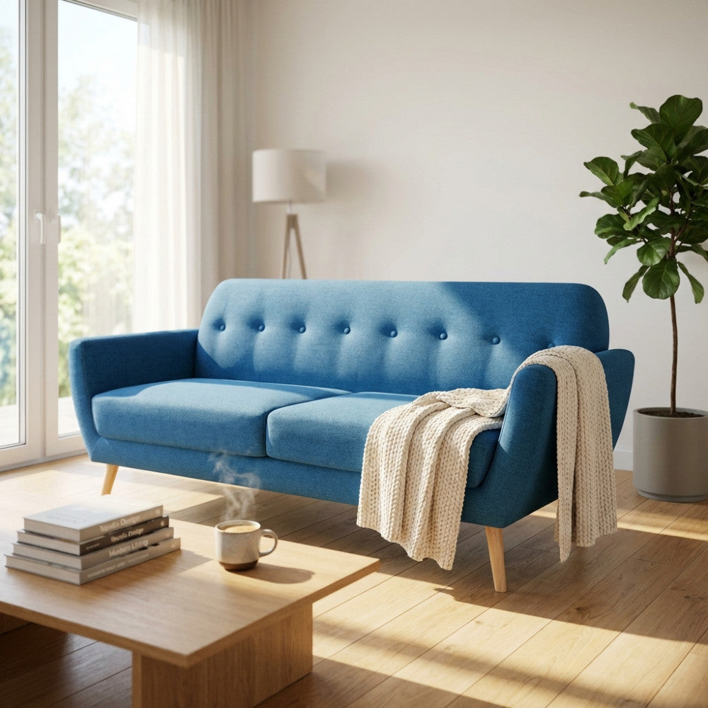 BURTON 3-SEATER SOFA. LIGHT GREY, DARK GREY, or BLUE sofa with buttons and polypropylene legs. Dimensions: 193 x 79 x 86 cm.