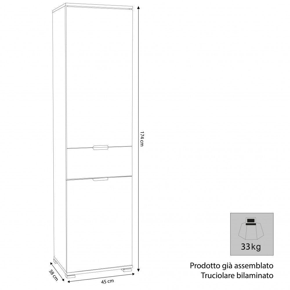 ARMADIO LIRIO CON 2 ANTE E 1 CASSETTO NATURALE. Dimensioni: cm 45 x 38 x 174 h.