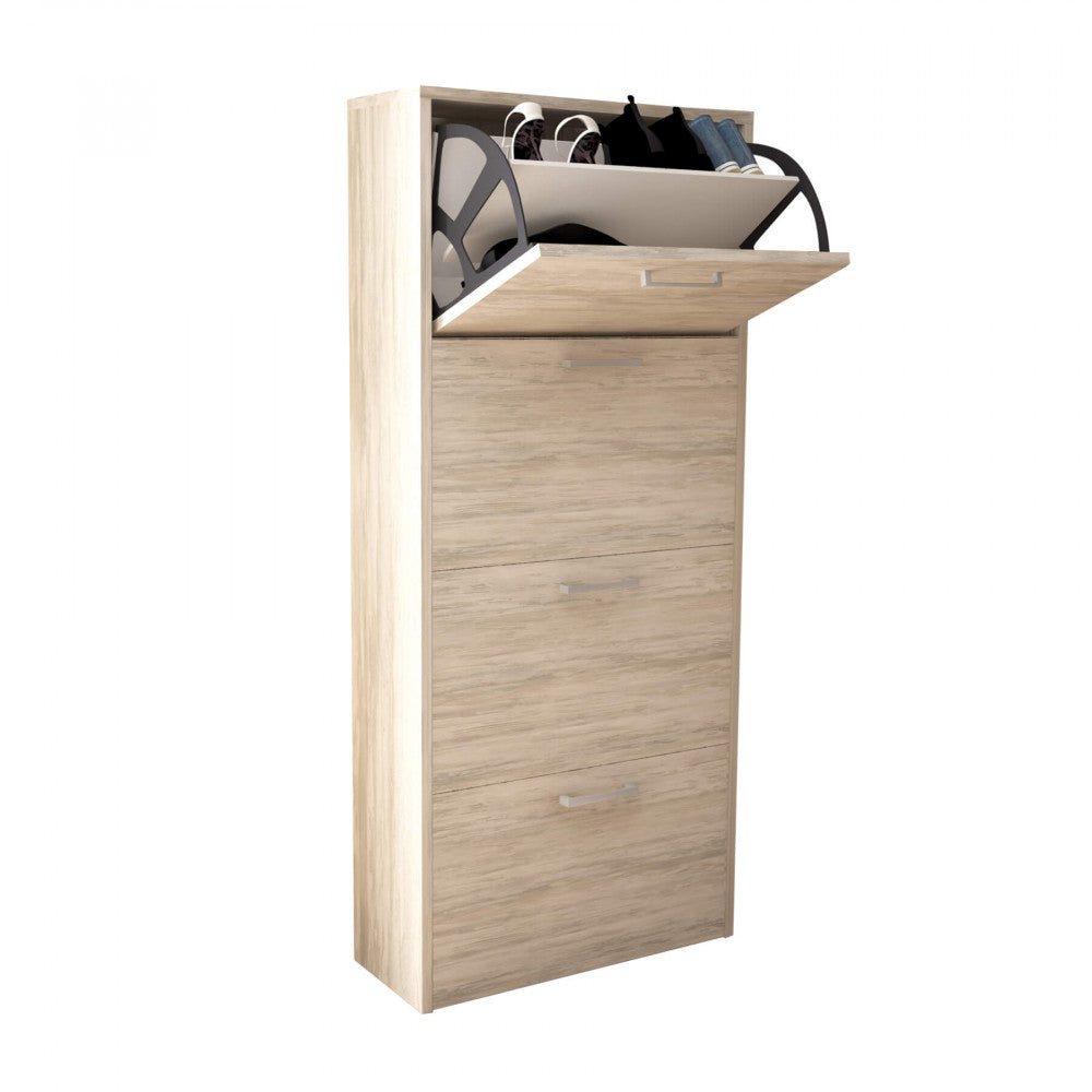 MOLLY SHOE RACK WITH 4 FLAP DOORS IN LIGHT PINE. Shoe rack in LIGHT PINE wood, 16 mm thick. Dimensions: 59 x 25 x 140 cm.