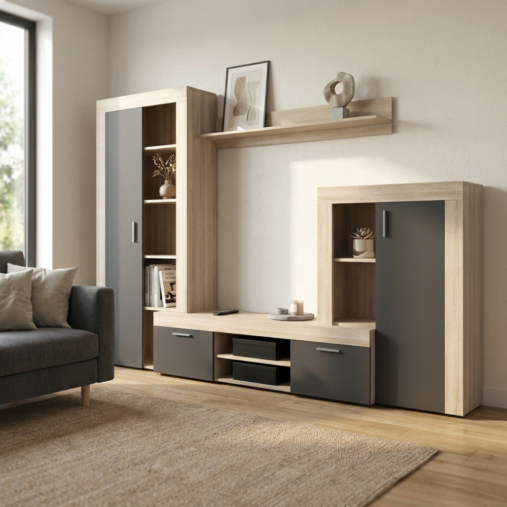PARETE SOGGIORNO NOBEL OLMO E GRIGIO. Dimensioni: cm 263 x 40 x 200 h.