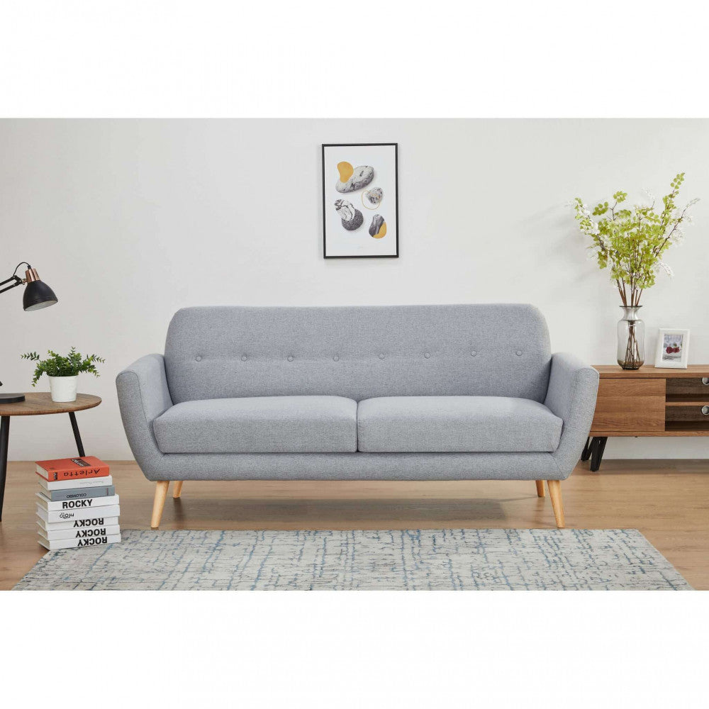 BURTON 3-SEATER SOFA. LIGHT GREY, DARK GREY, or BLUE sofa with buttons and polypropylene legs. Dimensions: 193 x 79 x 86 cm.