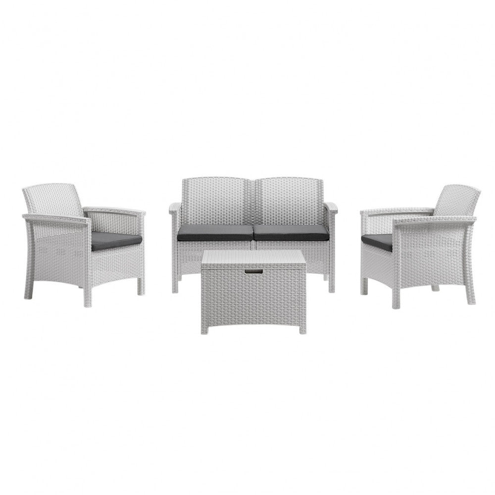 SALOTTO VENEZIA 2 P C/CUSCINI. Struttura in plastica stampata, wicker BIANCO, NERO, o TAUPE con cuscini Dimensioni: D.117x64,5x76/P.63x64,5x76/T60x54,5x40,5. Arredo Giardino