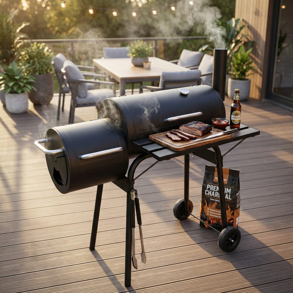 BARBECUE A CARBONELLA CON AFFUMICATORE KENTUCKY. Struttura in acciaio verniciato NERO Dimensioni: cm 110 x 64 x 113,5 h.