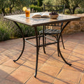 NEREO SQUARE TABLE 80 X 80. Oval top with LIGHT BROWN and ANTHRACITE mosaic, anthracite powder-coated iron base. Dimensions: 80 x 80 x 74 cm. Garden Furniture