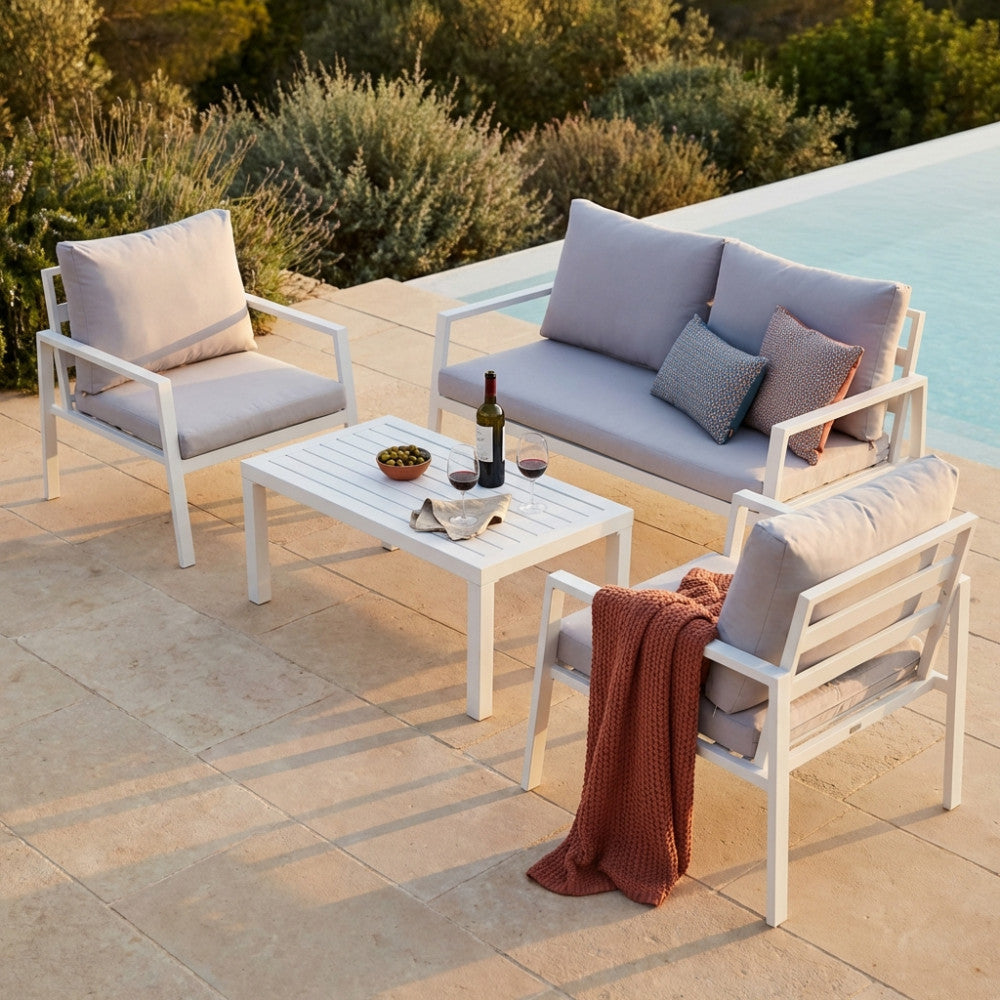 HELSINKI 2-SEAT LOUNGE WITH CUSHIONS. Aluminum frame in WHITE or ANTHRACITE or DOVE GREY or TAUPE. 10 cm polyester cushions. Dimensions: D.128x77x79/P.68x77x797T.51.5x95x46. Garden Furniture