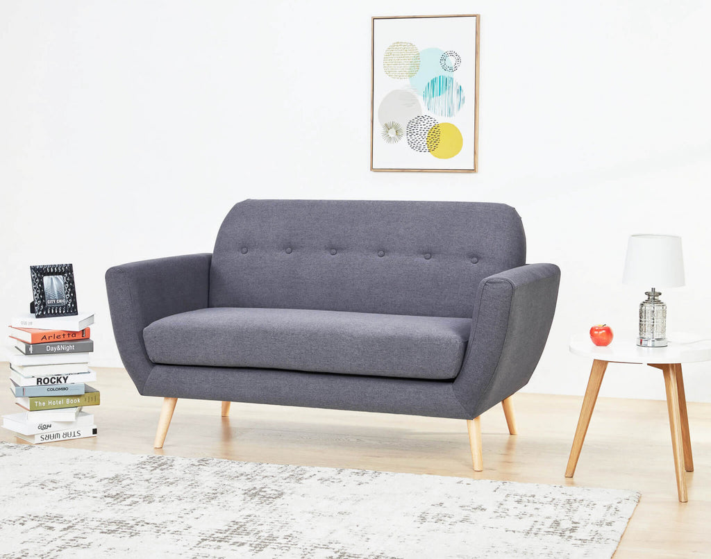 BURTON 2-SEATER SOFA. LIGHT GREY, DARK GREY or BLUE sofa with buttons and polypropylene legs. Dimensions: 147 x 79 x 86 h cm.