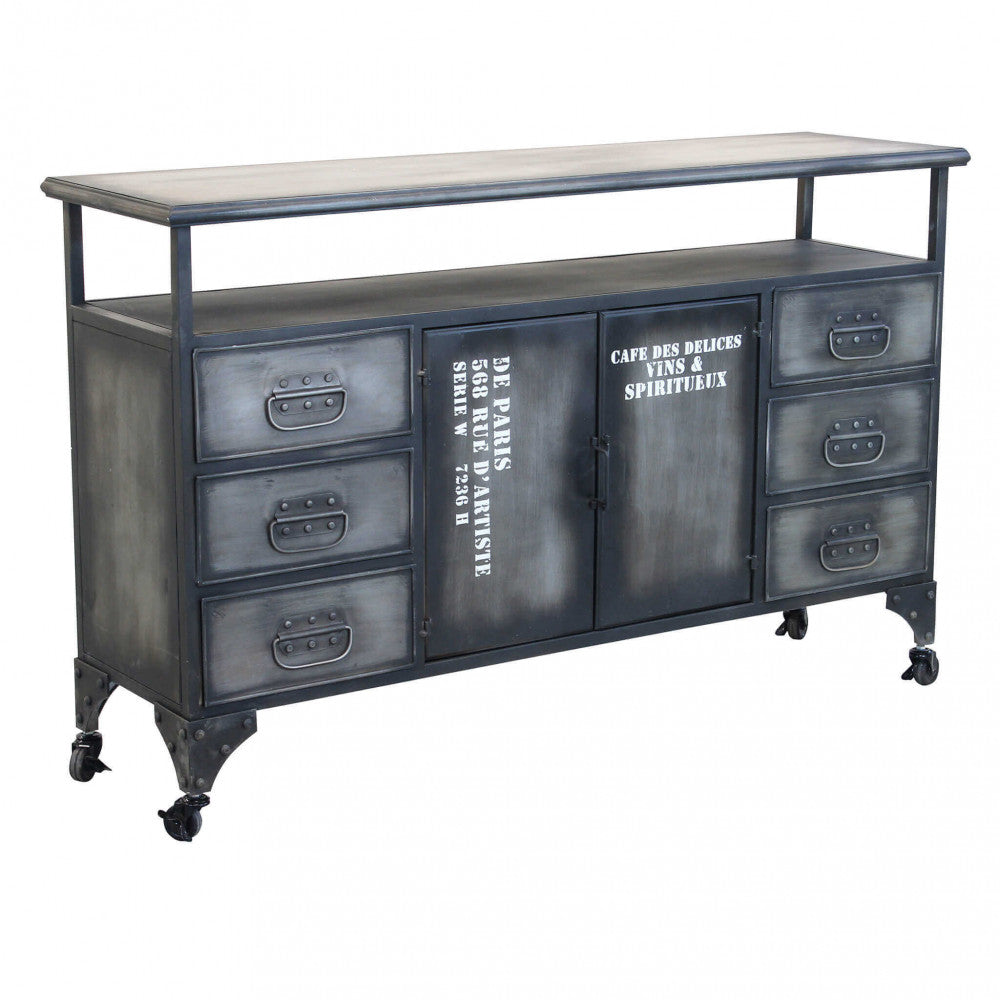 MOBILE IN FERRO EMERIC. Mobile con i ripiano, 6 cassetti e 2 ante Dimensioni: cm 132,5 x 37,5 x 82 h.