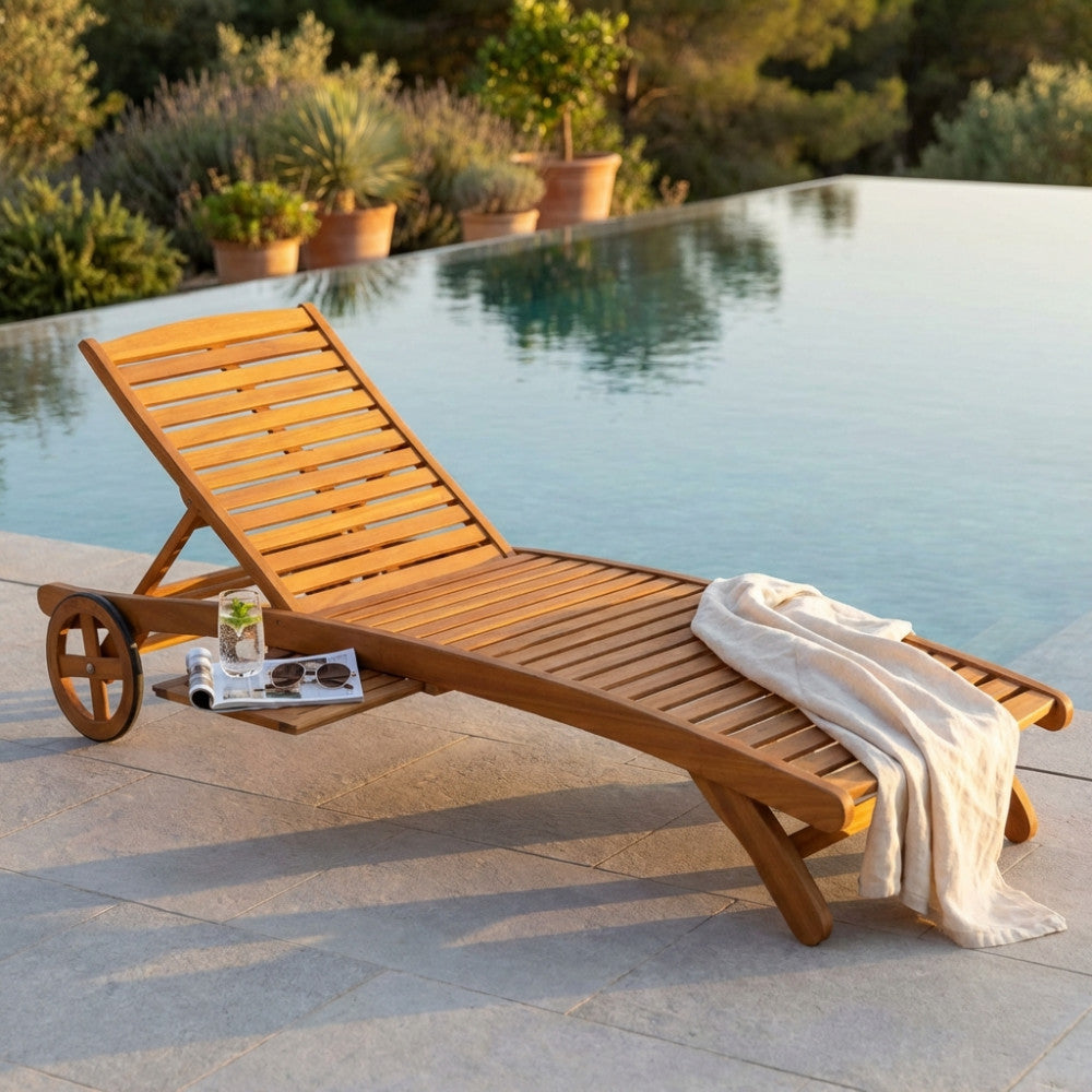 LETTINO PERTH C/RUOTE. Legno di Acacia massiccio regolabile in 9 posizioni abbinabile ai cuscini REAL o POLY LETTINO Dimensioni: cm 196 x 63 x 38/100 h. Arredo Giardino