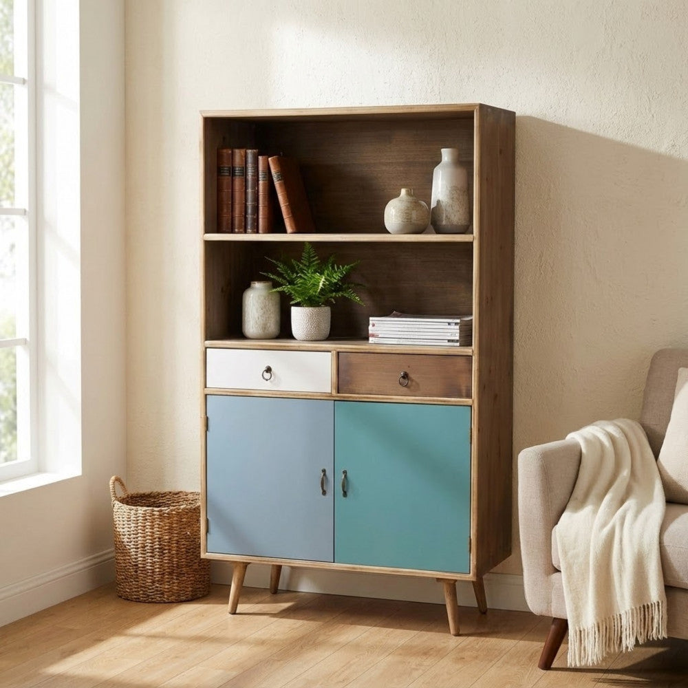 MOBILETTO BARRIE. Struttura in MDF, gambe in legno di pino, top colore NATURALE 2 ripiani, 2 ante e 2 cassetti colorati Dimensioni: cm 80 x 35 x 140 h.
