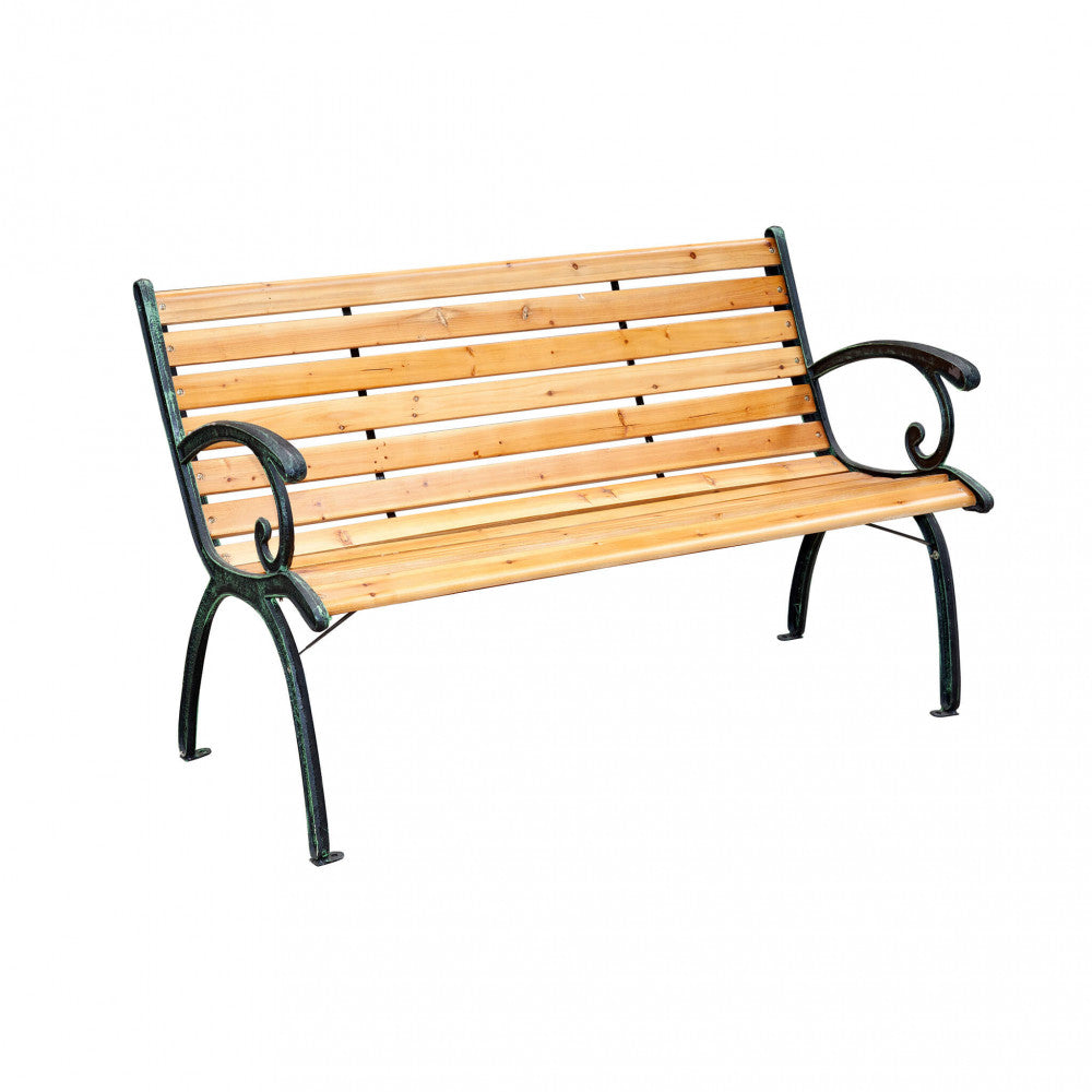 REAL CAST IRON BENCH. Wooden and cast iron bench with 12-slat seat and backrest. Dimensions: 126 x 60 x 77 cm. Garden furniture.
