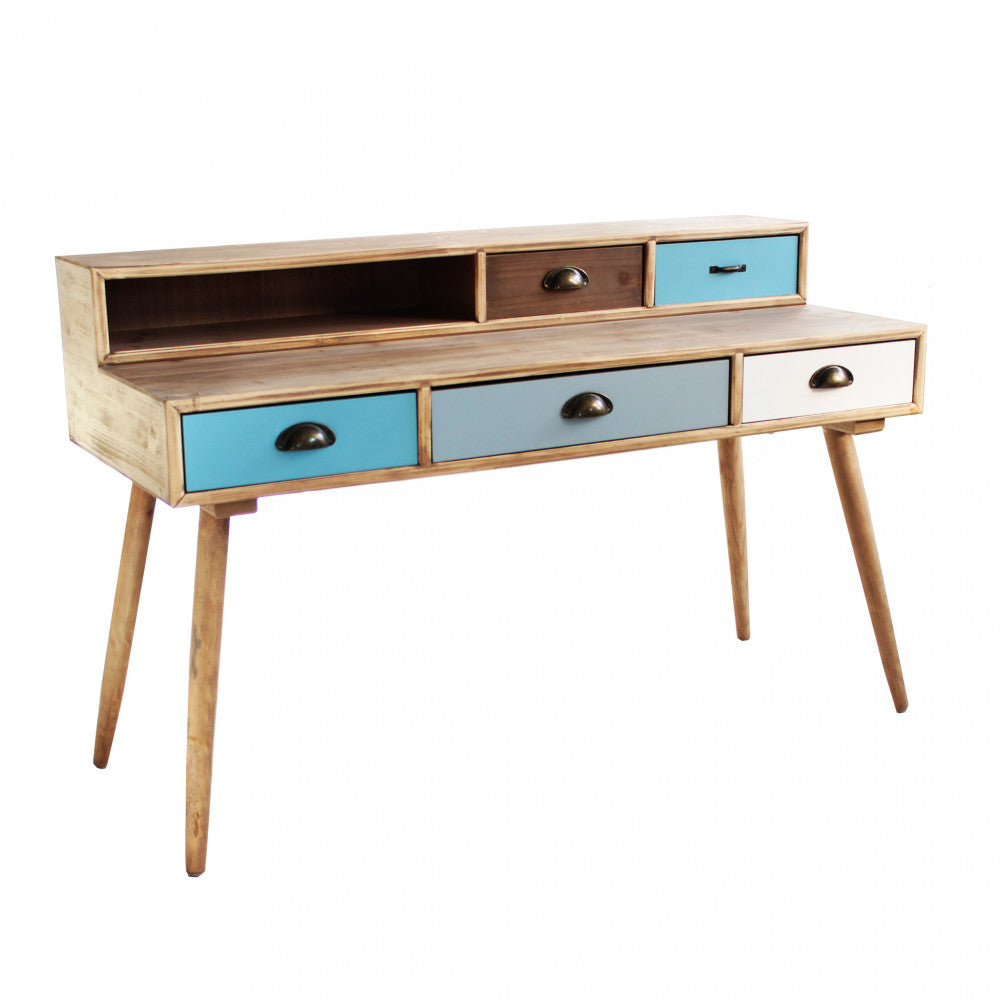 SCRIVANIA AJAX. Struttura in MDF, gambe in legno di pino, top colore NATURALE 1 ripiano e 5 cassetti colorati Dimensioni: cm 120 x 50 x 79 h.