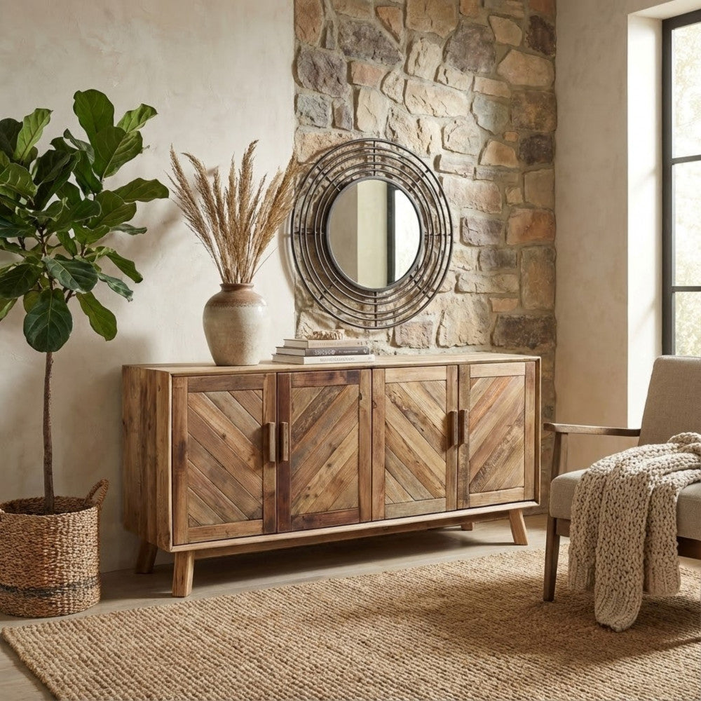 ROLAND SIDEBOARD. Sideboard with 4 doors in recycled pine wood. Dimensions: 180 x 48 x 85 cm.