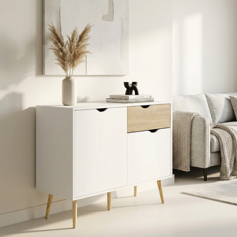 MOBILE THEODORE. Mobile con 1 anta e 2 cassetti in legno bianco e naturale Dimensioni: cm 99 x 39 x 82 h.