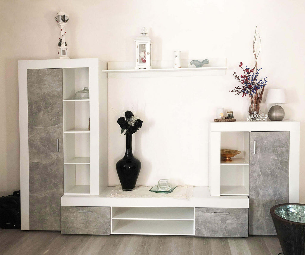 NOBEL LIVING ROOM WALL WHITE AND GREY CONCRETE EFFECT. WHITE and GREY CONCRETE EFFECT wooden wall Dimensions: 263 x 40 x 200 h cm.