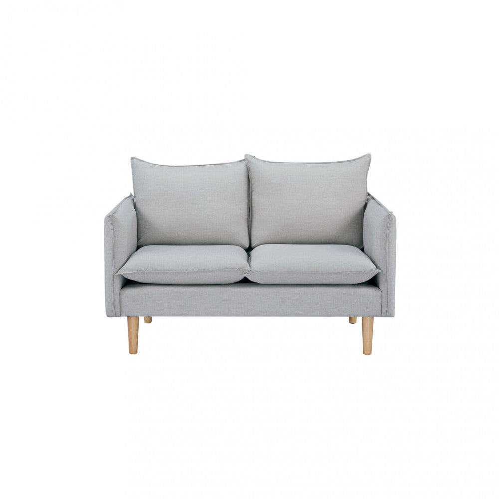 FLORIN 2-SEATER SOFA. Sofa in BEIGE, BLUE, DARK GREY, PURPLE, or CYAN with wooden legs. Dimensions: 130 x 84 x 51 cm.