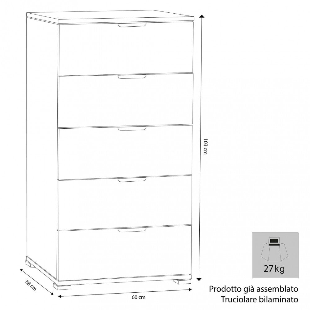 CASSETTIERA MEXY 5 CASSETTI BIANCA. Dimensioni: cm 60 x 38 x 103 h.