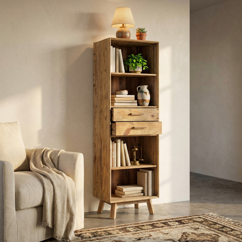 LIBRERIA COLLIN. Libreria con 2 cassetti e 4 ripiani in legno di pino riciclato Dimensioni: cm 60 x 40 x 190 h.