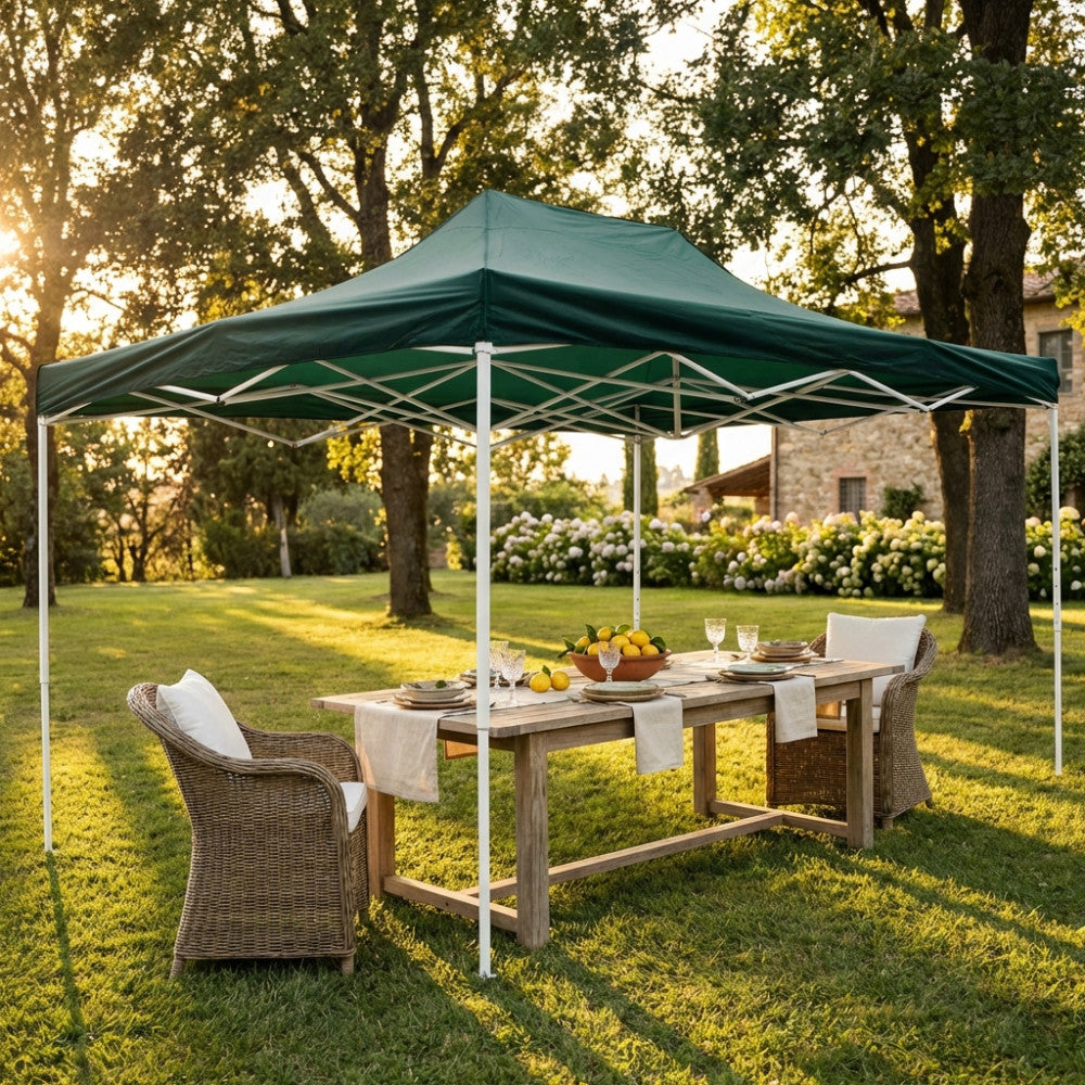 GAZEBO PARTY 3 X 4,5. Telo in poliestere BIANCO o VERDE 420D struttura in metallo Dimensioni: m 3 x 4,5. Arredo Giardino