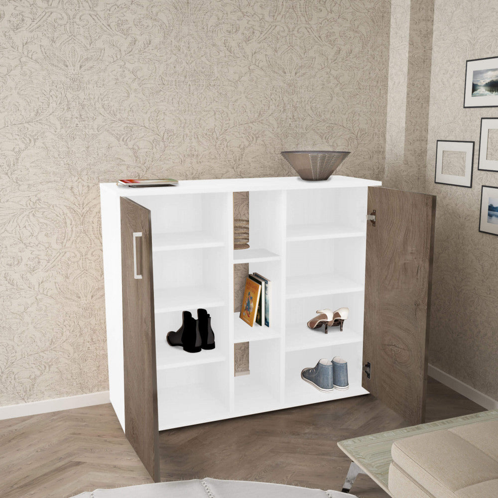 MOBILETTO 2 ANTA E 3 MENSOLE FRANK BIANCO E ROVERE CHIARO. Dimensioni: cm 101,5 x 35 x 87 h.