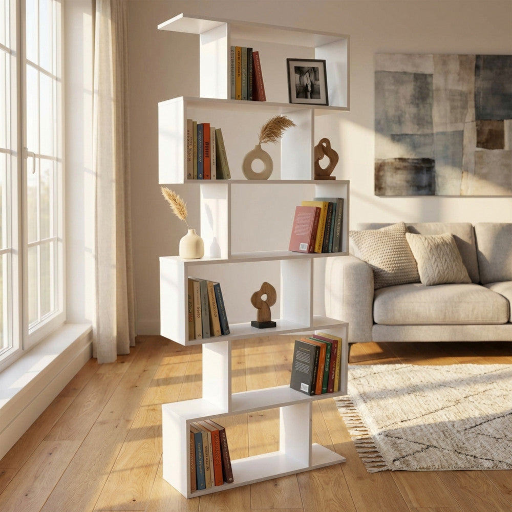 ALANA BOOKCASE, WHITE AND NATURAL. Bookcase in natural, white, or dark gray melamine with 6 shelves. Dimensions: 80 x 23.5 x 190.5 h.