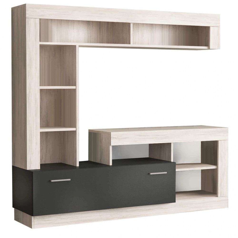 LEONARD LIVING ROOM WALL UNIT IN ANTHRACITE AND LIGHT PINE. Wall unit in ANTHRACITE and LIGHT PINE wood. Dimensions: 170 x 42 x 170 cm.