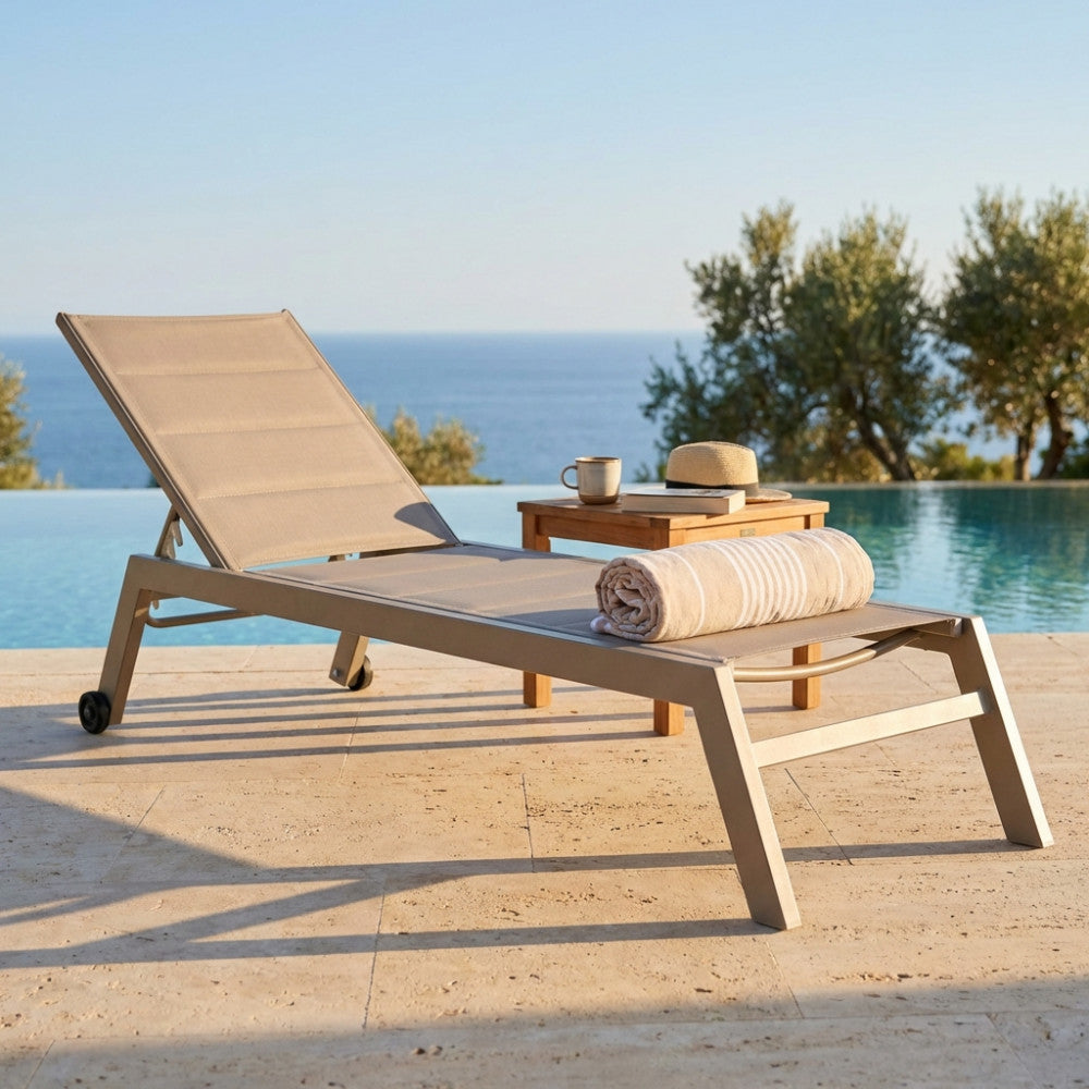 FORMENTERA LOUNGER. Aluminum frame painted WHITE, DOVE GREY, TAUPE, or ANTHRACITE. Padded Textilene in TAUPE, BLACK on anthracite. Dimensions: 198 x 61 x 34/95 cm. Garden Furniture