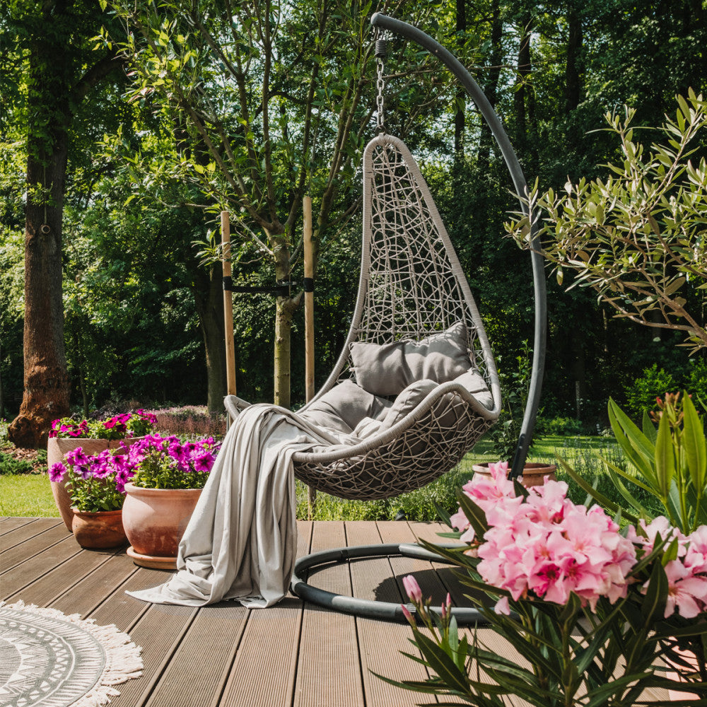 PONZA SWING CHAIR. Matt dove grey metal frame, GREY or WHITE or NATURAL wicker seat, 42 x 2.5 mm metal tubes, 42 x 1.5 mm base, matching polyester cushion. Dimensions: Frame 95 x 195 h, seat 80 x 70 x 122 cm. Garden Furniture