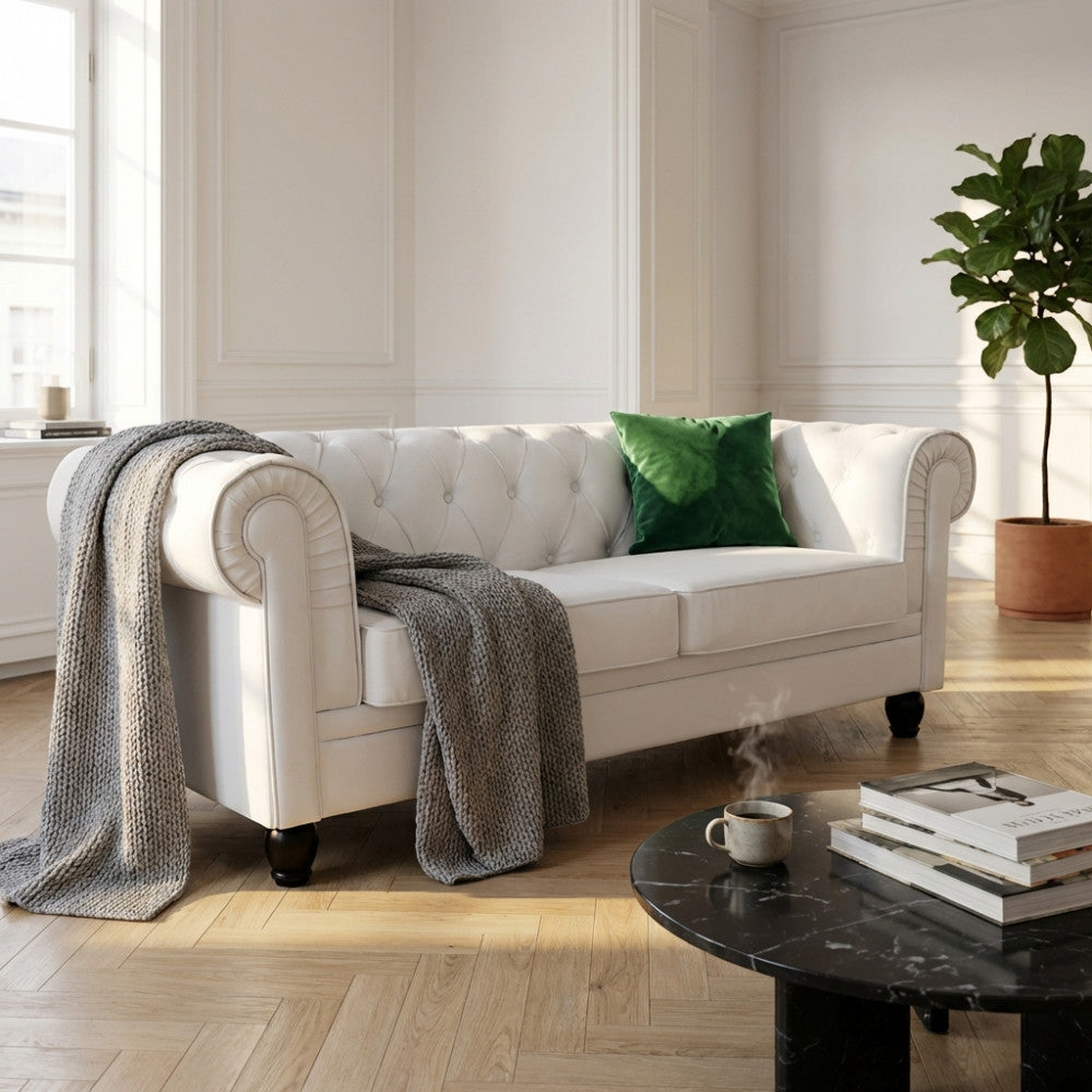 DIVANO 3 POSTI CHESTERFIELD IN ECOPELLE BIANCO. Dimensioni: cm 197 x 74 x 82 h.