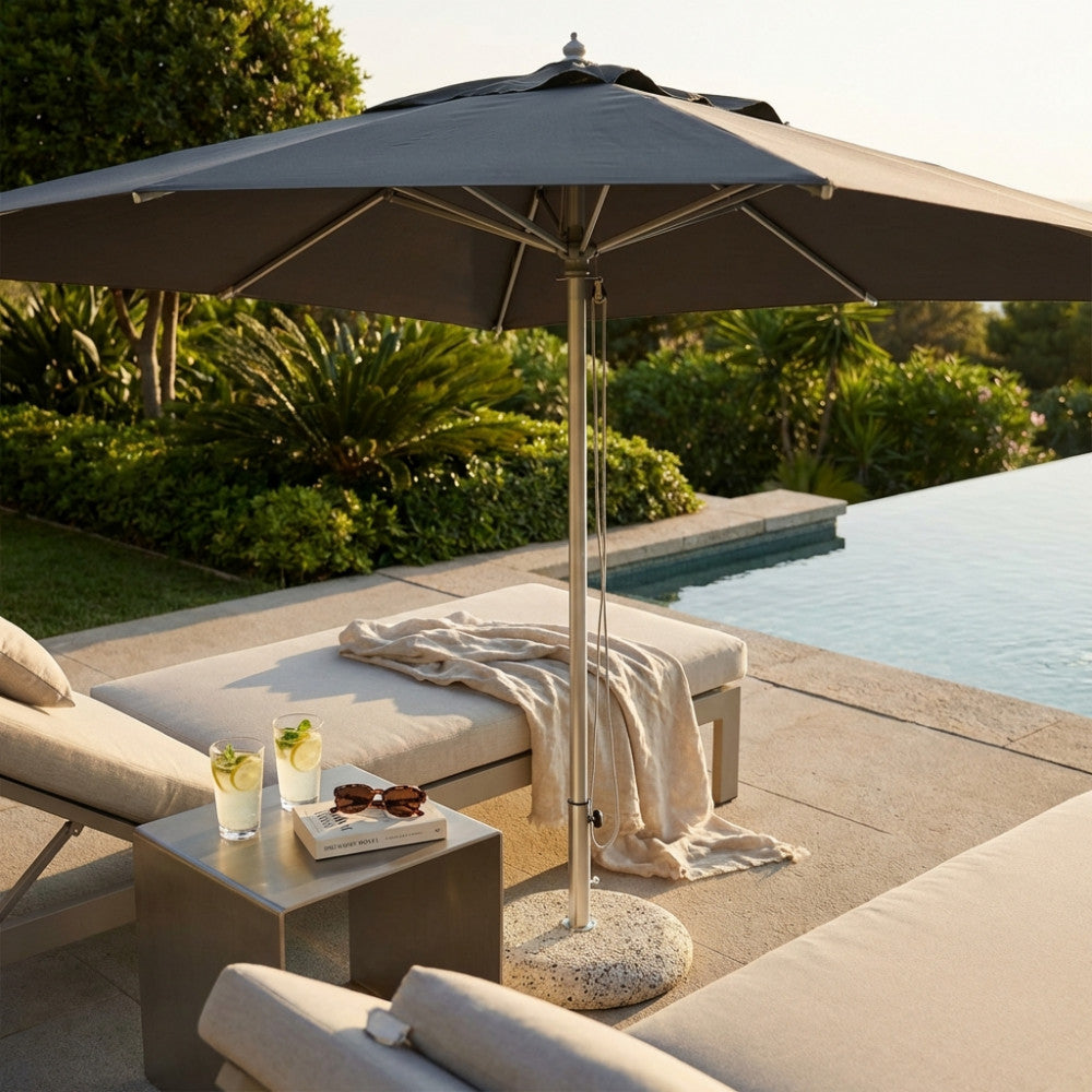 ANDROMEDA P/C ALUMINUM UMBRELLA 3 X 4. LIGHT or DARK GREY 180 g polyester canopy with valance, 48 mm anodized aluminum pole, brushed walnut steel finish, 115 mm aluminum 8 17 x 22 mm aluminum ribs. Dimensions: 3 x 4 m. Arre...