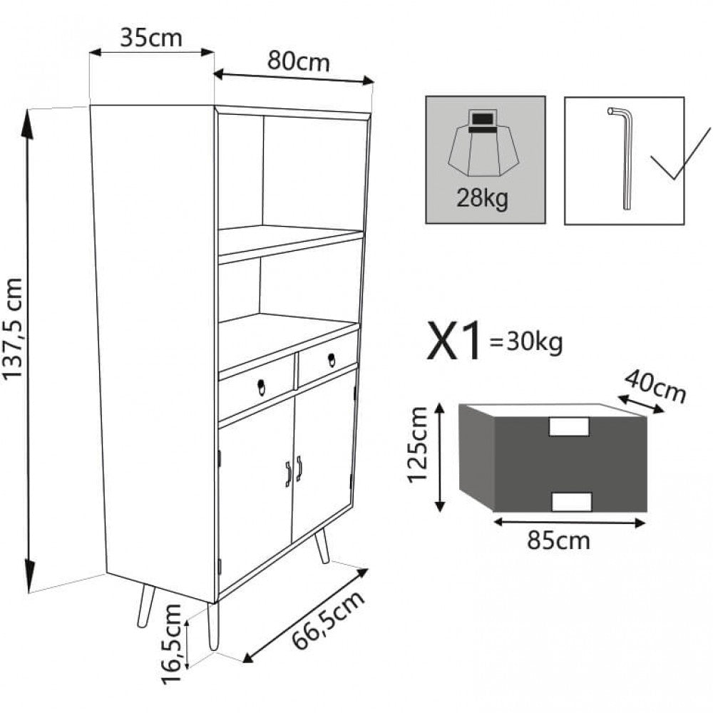 MOBILETTO BARRIE. Struttura in MDF, gambe in legno di pino, top colore NATURALE 2 ripiani, 2 ante e 2 cassetti colorati Dimensioni: cm 80 x 35 x 140 h.