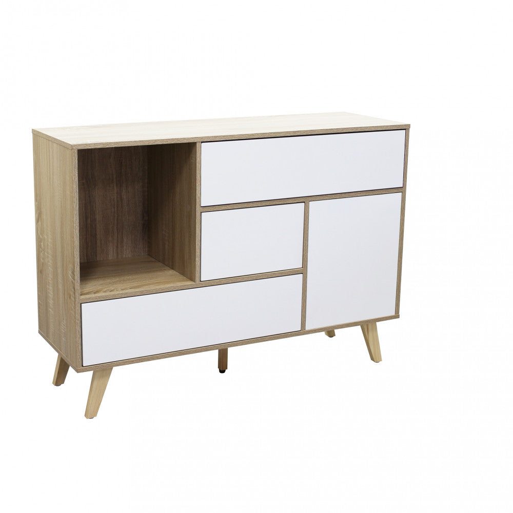 MOBILE EMORY BIANCO E NATURALE. Mobile in melammina con 1 ante, 3 cassetti e 1 ripiano naturali, struttura bianca o grigio scura Dimensioni: 119 x 39,5 x 85,6 h.