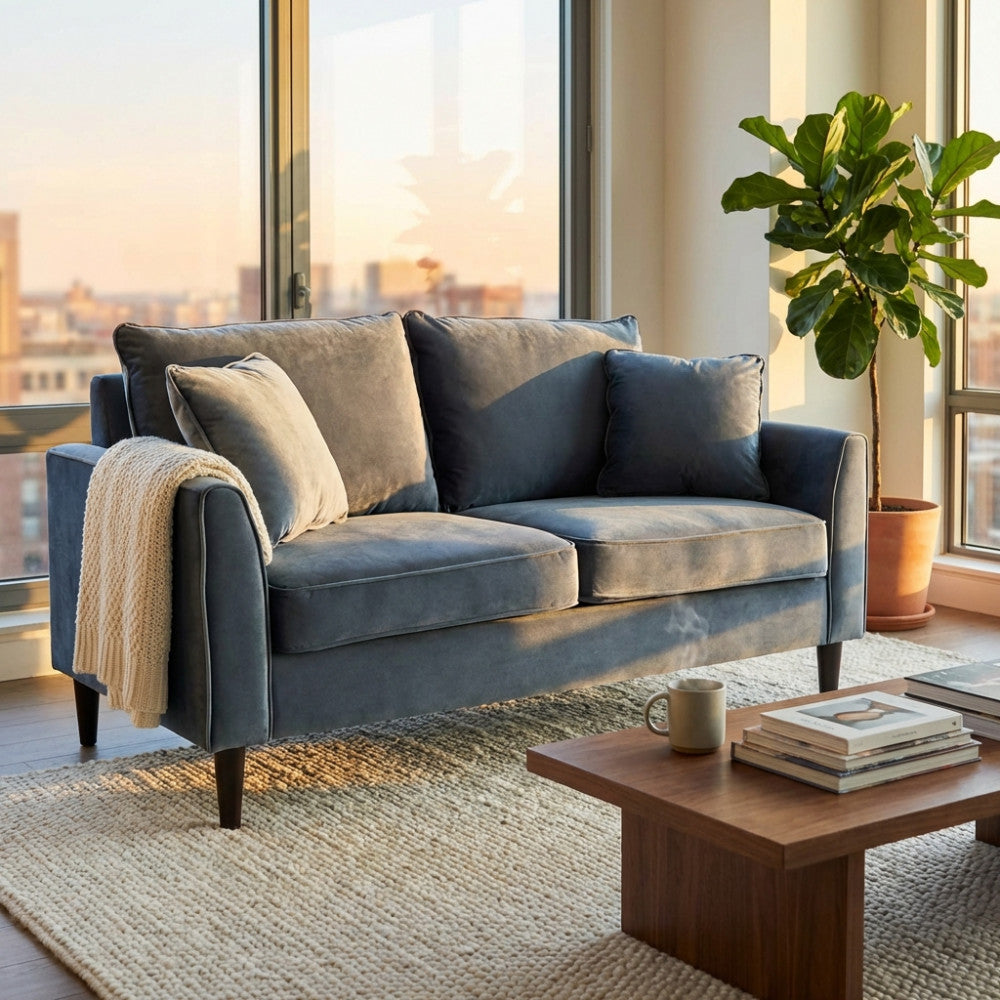 CHANDLER 2-SEAT SOFA. Sofa in TAUPE, BORDEAUX, GREY or BLUE velvet. Dimensions: 152 x 81 x 89 h cm.