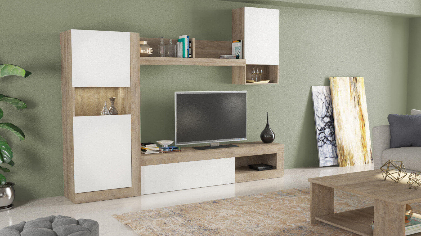 ROOMY LIVING ROOM WALL WHITE AND LIGHT OAK. White and LIGHT OAK wooden wall Dimensions: 255 x 40 x 200 h cm.