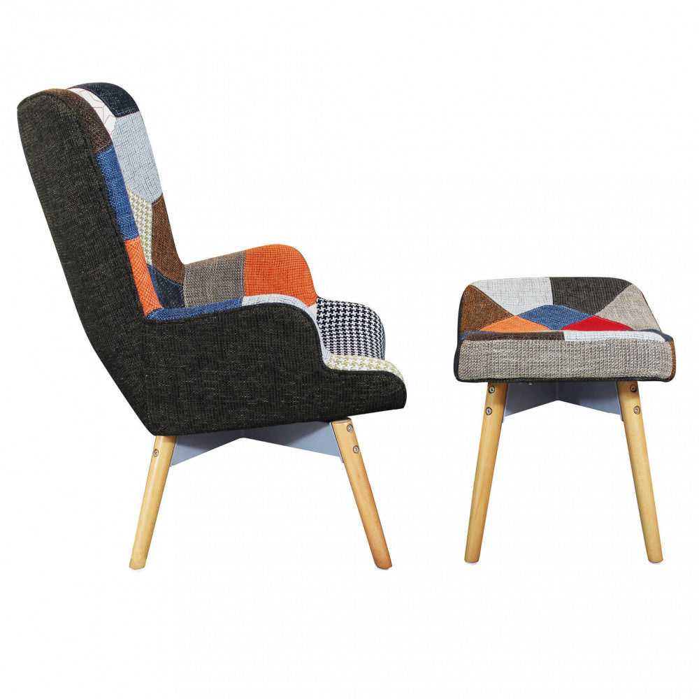 POLTRONA CON POGGIAPIEDI VERSAILLES PATCHWORK. Struttura in metallo, seduta in ABS colore BIANCO gambe in legno Dimensioni: cm 53 x 47 x 82 h.