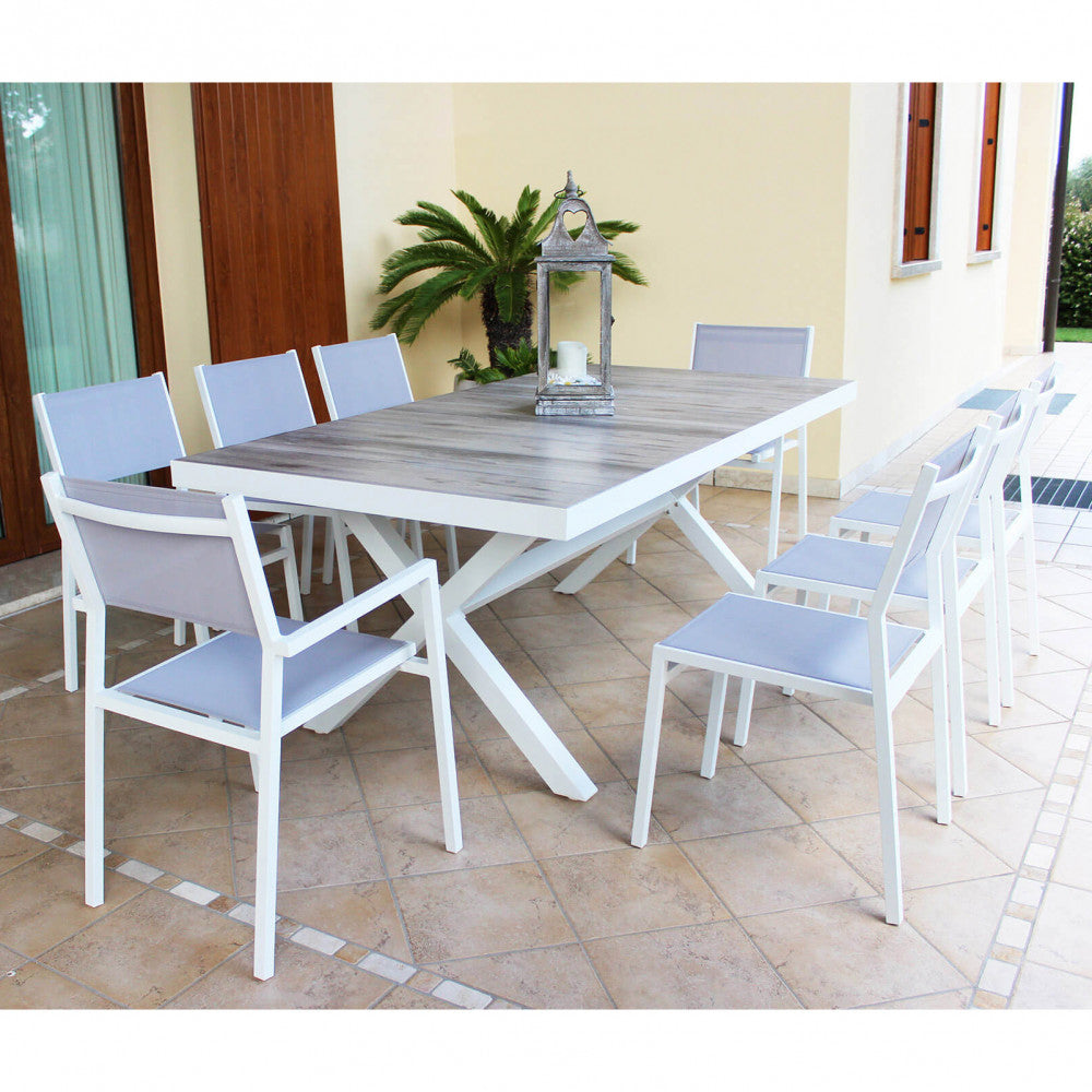 MACKAY TABLE 200 X 100. ANTHRACITE or WHITE aluminum frame, wood-effect ceramic table top. Dimensions: 200 x 100 x 75 cm. Garden furniture.