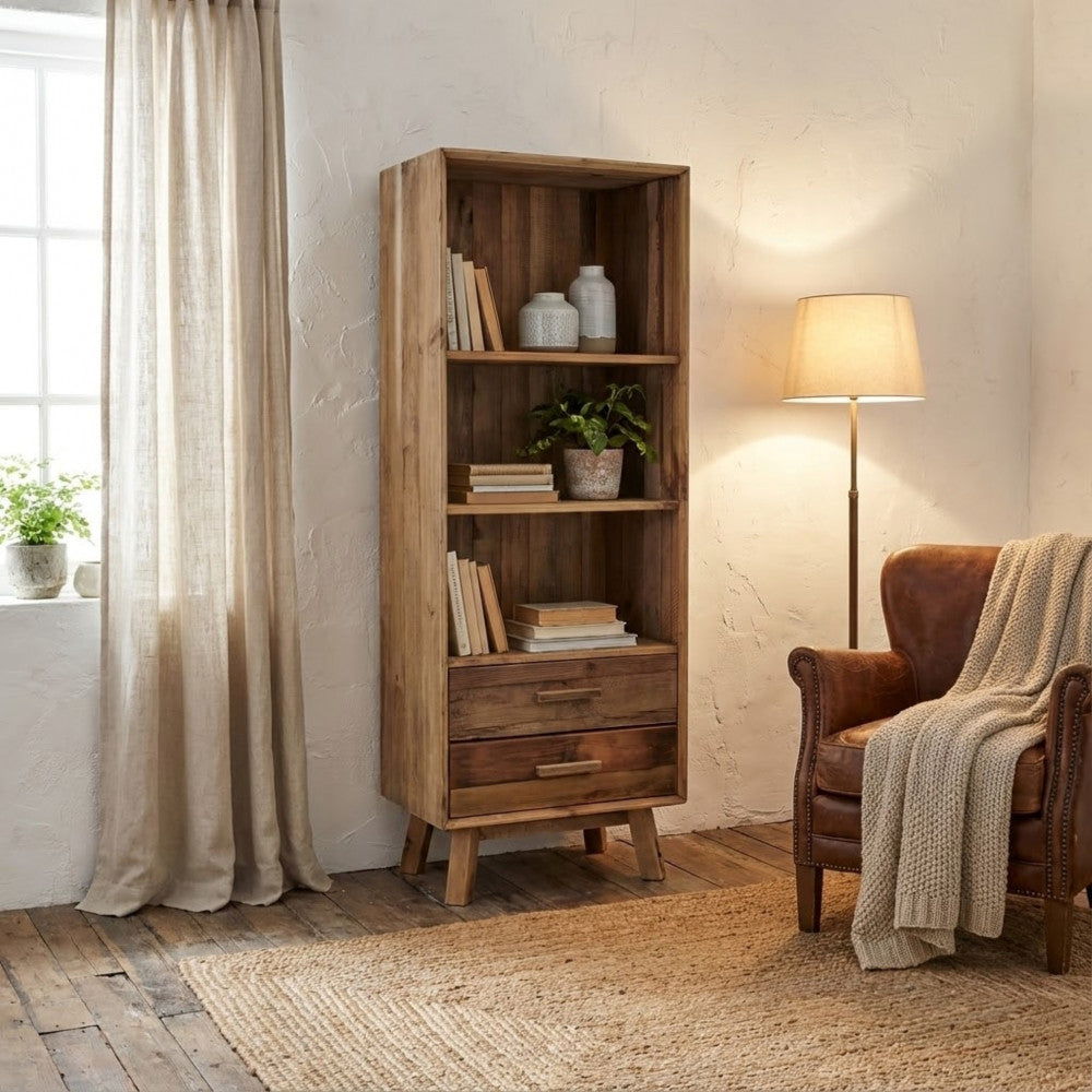 LIBRERIA JUSTIN. Libreria con 2 cassetti e 3 ripiani in legno di pino riciclato Dimensioni: cm 60 x 40 x 160 h.